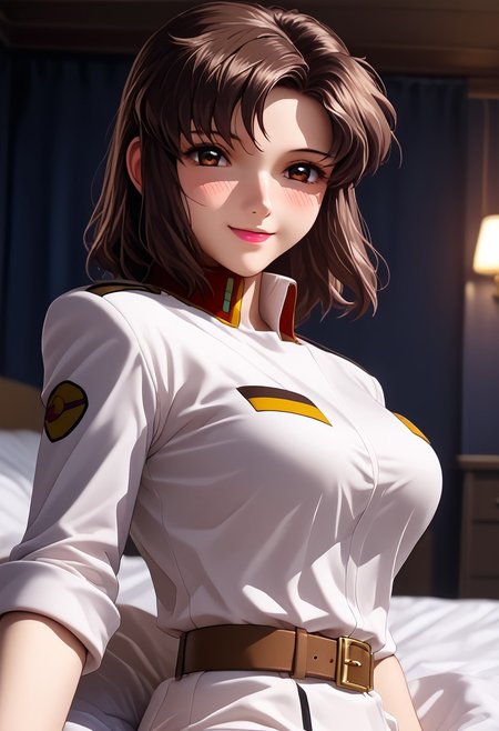 score_9,score_8_up,score_7_up,source_anime, 
1girl, solo, murrue ramius, murrue, 
brown hair
white uniform, white skirt, pantyhose, belt, 
breasts, large breasts, 
looking at viewer, smile, blush, 
nebakku, lying, 1girl, sex, 1boy, sex, 
indoors, bedroom, dorm, bed, dark background, bokeh, volumetric,