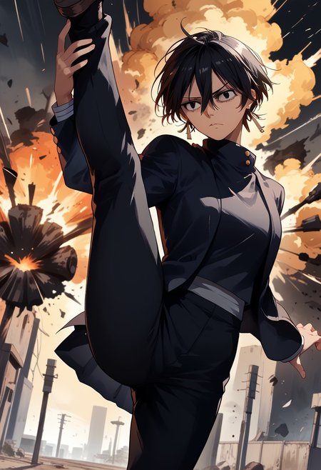 score_9, score_8_up, score_7_up, score_6_up,  colored manga style BREAK h1yuk1k4g4r1, black hair, short hair, hair between eyes, bangs, school uniform, gakuran, earrings, black pants, tomboy, stern, high kick, explosion, apocalyptic street, highly detailed, beautiful art, beautiful background, beautiful lighting