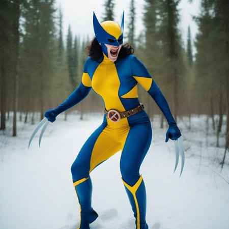 cinematic photo a full body woman with a mask and a blue and yellow bodysuit and claws, screams, snowy forest <lora:X-23-1024:0.8> . 35mm photograph, film, bokeh, professional, 4k, highly detailed
