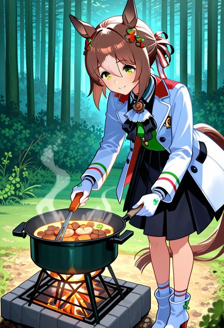 fine motion \(umamusume\),horse tail,horse ears,horse girl,two-tone hair,brown hair,white hair,medium hair,streaked hair,bangs,hair bun,single hair bun,folded ponytail,short hair,multicolored hair,hair between eyes,green eyes,yellow eyes,brown eyes, clover hair ornament, hair ribbon, white ascot, black bowtie, long sleeves, white gloves, white jacket, collared shirt, green shirt, buttons, open jacket, open clothes, black skirt, pleated skirt, white socks, white footwear, high heel boots 
hangousuisan, food, cooking, camp, nature, forest, outdoors, grill, cooking stove , (solo)
