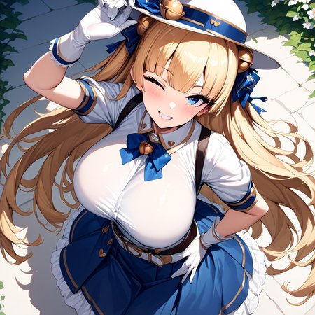 lina_bell_roll, 1girl, one eye closed, gloves, solo, hat, long hair, blonde hair, white gloves, blue eyes, skirt, shirt, belt, smile, large breasts, white background, blue skirt <lora:Lina_Bell_Roll:1>, (masterpiece),(best quality),(ultra-detailed),(best illustration),(best shadow),(absurdres),(detailed background),(very aesthetic),