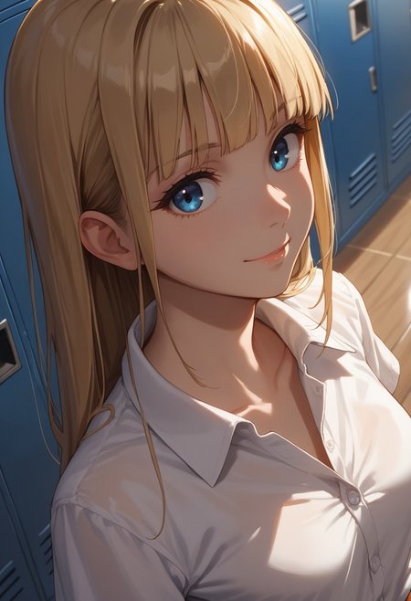 (score_9, score_8_up, score_7_up), 1girl, solo,blonde hair, blue eyes, long hair, hime cut, long bangs, small breasts, buttoned shirt, white buttons, white shirt,   short sleeves, collarbone,
(face focus, close-up:1.3),  standing, locker room, night time, dim lighting, dynamic lighting,  from above,
(leaning back, arched back, dutch angle:1.2), 
(relaxed, smile:0.8),