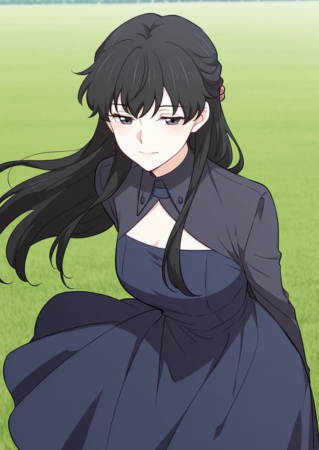 <lora:Immortal_Swordsman_In_The_Reverse_World__Jiang_Lian:1>
1 girl, solo,long black hair, straight hair, bangs, hair bun, black eyes,
dark blue dress, long sleeves, high collar, triangular cutout, modest dress, feminine outfit, waist-length dress, fitted top, simple design,
score_9, score_8_up, score_7_up, very aesthetic, source_anime, detailed, high quality, beautiful, masterpiece, detailed eyes, field, blurry background, pose dynamic angle, upper body, cowboy shot, light smile, floating hair, half-closed eyes, hands behind back, leaning forward, looking forward, looking at viewer