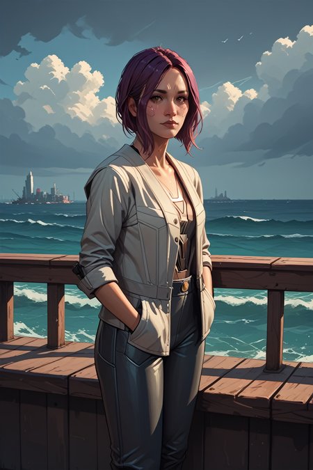 score_9, score_8_up, score_7_up, score_6_up
<lora:CyberSongbird:0.8>
CyberSongbird, 1girl, purple hair, brown eyes, cyberpunk, looking at viewer, standing on a pier, looking out at the ocean, hands in pockets, overcast sky with hints of sunlight breaking through, calm and introspective atmosphere