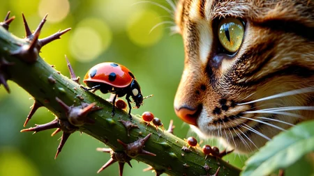 An ultra-realistic macro shot capturing a vivid red ladybug mid-crawl along a thorny green stem, feeding on a cluster of brown aphids. The ladybugâs shell is glossy, dappled with black spots, with highlights reflecting soft natural light. Its tiny legs cling precisely to the spiky plant surface, and its black mandibles are engaged with prey. The plant is richly detailed with thorns, resin beads, and white hairs, crawling with other tiny aphids of varying sizes. Every detail is rendered in high-fidelity realism: the insectâs glistening wing casings, the transparent aphid limbs, and the fine leaf textures. Peering curiously from the right edge of the frame is a partial cat faceâonly one luminous green eye, a patch of short tabby fur, and the curve of its soft pink nose are visible. The cat's whiskers are in gentle focus, and its eye is locked directly onto the ladybug, wide with fascination. Its proximity creates a dramatic sense of scaleâthe cat appears enormous compared to the miniature insect world it is silently observing. The tension is palpable but delicate; the cat does not strike, it simply gazes. The background is a soft, defocused wash of warm greens, evoking dense summer foliage. There are no distractionsâonly creamy bokeh created by the shallow depth of field. Shot with a Canon RF 100mm f/2.8L macro lens on a Canon EOS R5 using a shallow aperture around f/3.5, this image captures minute environmental detail and tactile textures with cinematic sharpness. Diffused macro ring lighting provides clean, shadowless illumination, perfect for documentary-style insect close-ups. The overall composition evokes natural curiosity, an intimate crossover of two worldsâfeline and insect. Still, quiet, and full of tension, this moment blurs the line between predator and observer,   <lora:HiDreamStyle:0.7> aidmaHiDreamStyle,  <lora:aidmaMJv7:0.6> aidmamjv7