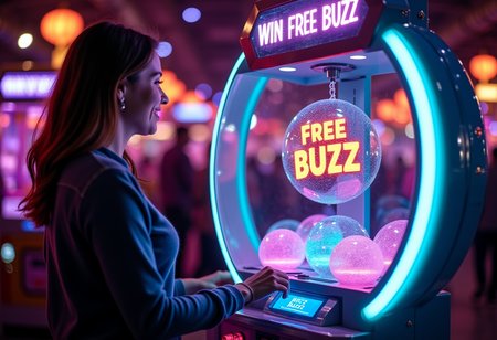 Inside a bustling neon-lit arcade, a young woman stands before a futuristic claw machine, which glows with a rainbow of neon lights. The machineâs top panel flashes the words "Win Free Buzz" in bold, electrified letters. Inside the machine, a variety of glowing orbs swirl around, with a large, shining orb at the center displaying the text "Free Buzz" in radiant holographic lettering. The womanâs face lights up with triumph as she holds up the glowing orb sheâs just won. <lora:None:1>