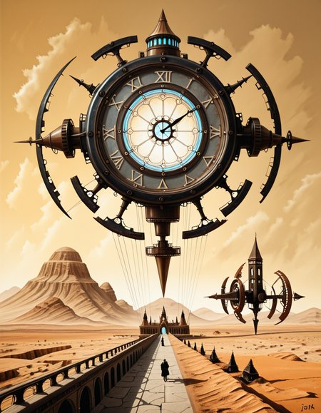 A surreal, dreamlike painting in the style of JarosÅaw Jasnikowski, depicting a gigantic mechanical insect-like cathedral walking across a cracked desert landscape. The cathedral is mounted on insect legs made of bronze and copper, with gears and steam vents along each joint. The architecture is gothic, with tall spires, stained glass windows glowing from within, and massive rotating clock faces embedded in its towers. In the background, a distorted horizon under a greenish-yellow sky, with floating islands and broken bridges suspended mid-air. A small group of cloaked figures watches the walking structure from the foreground, their long shadows cast across the dry, dusty ground. The entire scene is bathed in a surreal light, blending soft golds and dark shadows, giving it a mystical and post-apocalyptic atmosphere. Details are rich with fine mechanical engravings, absurd physics, and metaphysical symbolism, echoing Jasnikowskiâs signature surrealism and imaginative science-fiction fantasy.<lora:SDXLFaeTastic2400:0.4> <lora:extremely_detailed:0.4> extremely detailed, <lora:JarosÅaw_J4sn1k0wsk1_r1:1>,JarosÅaw J4sn1k0wsk1 <lora:JarosÅaw_J4sn1k0wsk1:1>, Masterpiece,best quality,hi res,8k,hi res,8k,award winning,(sharp focus, intricate, highly detailed),