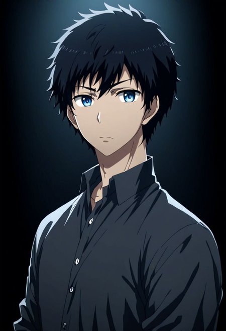 high resolution, solo, best quality, 1Boy, Arata Kaizaki, Black Hair, Blue Eyes, cool, Mysterious black background, Movie lighting, a sense of atmosphere, OverallDetail