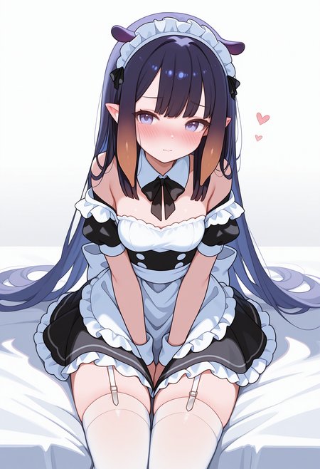masterpiece, best quality, newest, absurdres, highres, koahri, 1girl, tentacle hair, solo, virtual youtuber, long hair, thighhighs, maid, maid headdress, pointy ears, alternate costume, multicolored hair, blush, garter straps, bangs, apron, white thighhighs, gradient hair, sidelocks, ninomae_ina'nis,<segment:yolo-AnzhcFace-seg_640_v3_y11n.pt-1,0.2,0.5//cid=11>