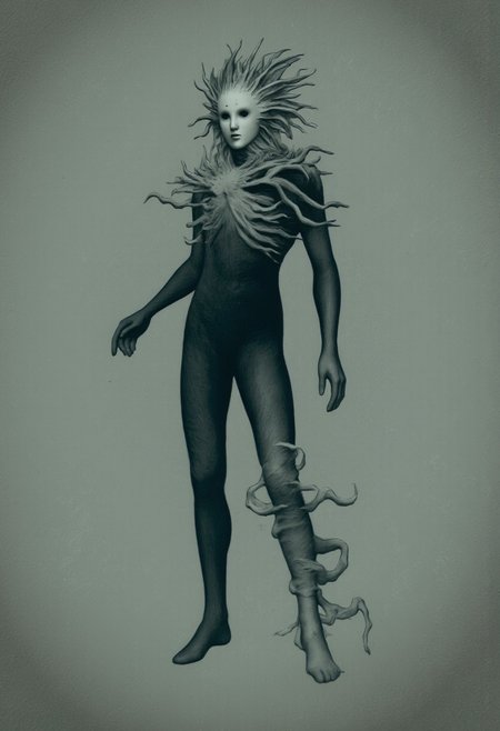 aidmaMJ6.1, Made out of paper, a PaperStyle , d4artstyle, d4concept, , d00mstyle, made of clay, ZBClay model of a gray sculpture
A small, mysterious humanoid creature with a slender, dark body and delicate limbs. Its face is a smooth, pale mask with minimal features, resembling a stylized, expressionless visage. The creature's head is surrounded by a chaotic mass of swirling, tendril-like appendages that appear almost hair-like, adding an ethereal and otherworldly quality. The limbs are thin and elongated, giving it a fragile, almost shadowy appearance. It wears simple, form-fitting attire that blends seamlessly with its dark form, emphasizing its enigmatic nature. The overall design evokes a sense of quiet mystery and alien elegance, blending elements of the eerie and whimsical in a single figure.
Background solid color with a faded dimly lit, fog-covered darkness tone that emphasizes its silhouette. 
 The medium is not a traditional painting or illustrative medium like watercolor or ink but rather a digital rendering, eerie and unsettling.