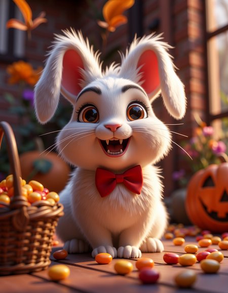 A fluffy bunny with tiny, adorable vampire fangs, wearing a red bowtie and sitting beside a small basket of candy. The bunnyâs ears are slightly flopped, creating a cute Halloween vibe. Sweet and playful, 4K.
 <lora:Cute_3d_Cartoon_Flux:0.6>