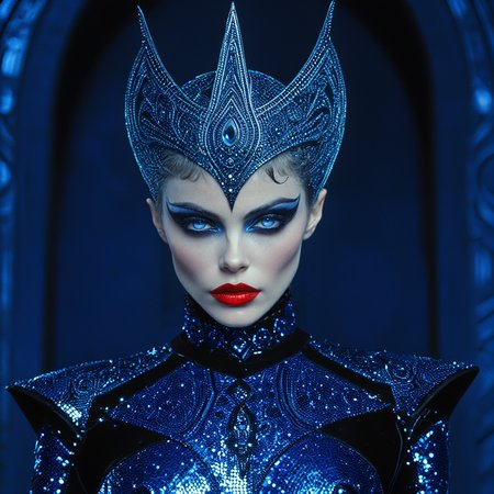 <lora:Mystic_Vogue_80s__Occult_PopSDXL:1> Mystic Vogue 80s Occult Pop, The image is a close-up portrait of a woman's face and upper body. She is wearing a dramatic and futuristic-looking outfit with a black and blue color scheme. The outfit is made up of a black dress with a high neckline and long sleeves and the dress is covered in small blue and silver sequins. The woman's hair is styled in a dramatic updo with a large ornate headpiece that is intricately designed with a pointed tip and a large headpiece with a blue and black pattern. The headpiece is covered with a metallic sheen giving it a futuristic and edgy look. The background is dark and blurred making the woman the focal point of the image. She has a dramatic makeup look with bold red lipstick and dramatic eye makeup. The overall effect is one of power and power., 1girl, solo, makeup, colored skin, blue skin, lipstick, looking at viewer, blue eyes, breasts, upper body