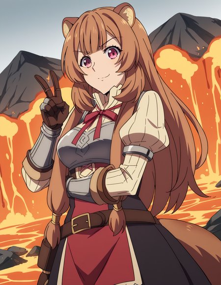 score_9, score_8_up, score_7_up, source_anime, <lora:raphtalia-s3-ponyxl-lora-nochekaiser:1>, raphtalia, long hair, bangs, brown hair, animal ears, raccoon ears, raccoon tail, raccoon girl, pink eyes, medium breasts,, long sleeves, sweater, ribbed sweater, puffy sleeves, breastplate, ribbon, red ribbon, gauntlets, glove, brown gloves, belt, skirt, armor,, volcano, lava, rock, fire, smoke, , v, v over mouth, smug,, looking at viewer, solo,, dutch angle, cowboy shot