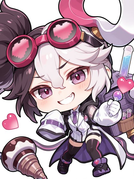 chibi, 1girl, vanquish soul dr. mad love, drill, smile, teeth, open mouth, white background, looking at viewer, grin, huge hammer, clenched hand, simple background, fang, white hair ornament, goggles on head, white collared shirt, white labcoat, purple necktie, single white glove, black short shorts, black thighhighs, extra mechanical arms, backpack, purple sneakers, holding test tube, test tube,
masterpiece,best quality,amazing quality,very aesthetic,absurdres,newest,<lora:Vanquish Soul Dr. Mad Love illusXL v1.1:0.72>,