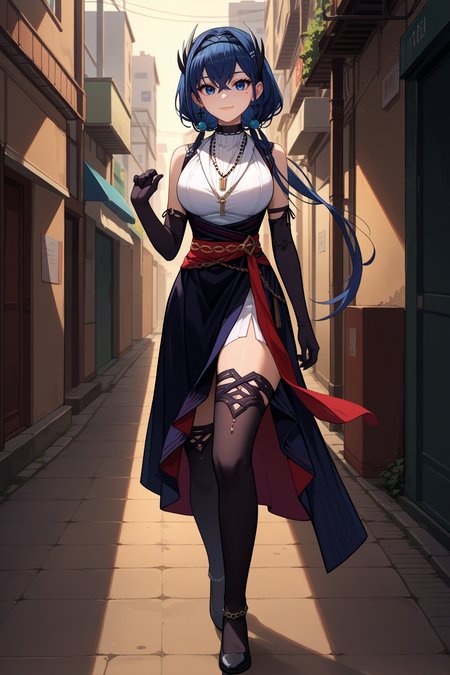 score_9, score_8_up, score_7_up, score_6_up, source_anime, 1girl, solo,  <lora:cantabile-pdxl-nvwls-v1:1> cantabile, dark blue hair, dark blue eyes, mole under eye, long hair, hair ornament, hairband, necklace, white shirt, sleeveless shirt, black dress, red sash, black gloves, elbow gloves, black thighhighs, large breasts, full body, walking, alleyway, hand up, looking at you, light smile