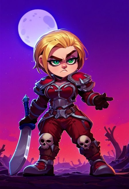 [score_9, score_8_up, score_7_up, <lora:Smooth Anime Style LoRA XL:1>, anime style, dark fantasy, 1girl gnome, short stature, big eyes, big ears, green eyes, long blonde hair, (shortstack:1.3), (medium breasts:1.1), round breasts, wearing armor,wearing hat, shoulder armor,skull emblem on shoulder,  (gloomy empty streets, dark forests, moon in the sky:1.6), Cold and angry, seductive gaze, fighting posture, (She holds a two-handed sword in her hands:1.9), bedroom eyes, solo, <lora:OtherStyle_03:1> <lora:Round_Breasts_XL_XV7:0.8>
