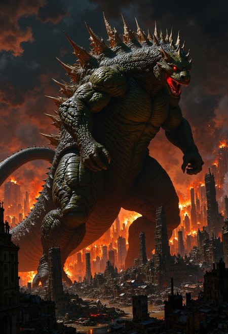 A colossal, fire-breathing Godzilla, inspired by the 1954 original, standing amidst a devastated, smoldering urban landscape, with crumbling skyscrapers and twisted metal debris scattered around its massive, scaly feet, its iconic, powerful tail swishing behind it, as it lets out a mighty roar, its piercing, glowing red eyes fixed intently on the horizon, its rough, bumpy skin a dark, mossy green hue, with hints of charcoal gray and brown, set against a dark, ominous, smoke-filled sky with hints of orange and yellow from the burning cityscape.