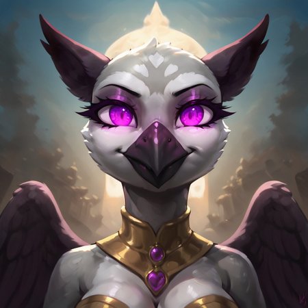 masterpiece, score_9, score_8_up, score_7_up, (best quality:1.1), ultra-detailed, high resolution, 1character, beak, wings, feathery ears, female, princess sköldsvärd, corrupted, jewelry, evil eyes, demonic smirk, (((beautiful detailed purple eyes))), Long eyelashes, Looking At Viewer, Highly Visible, (((8k))), Source_anime, from Equestria at War, glowing eyes, large round breasts, corrupted royal dress, corrupted clothing style, detailed outfit, extremely detailed, griffon, anthro, solo, sensual, scary, looking at viewer, feathery ears, perfect lighting, (In the castle ballroom), detailed background, zPDXL2