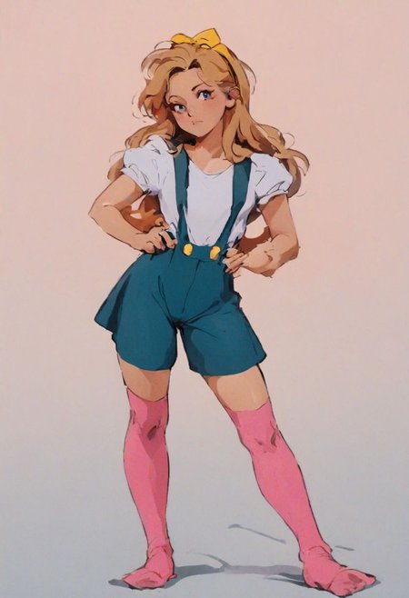 score_9, score_8_up, score_8, source_anime, rating_questionable, 
30yo Alice from wonderland,  classic pinup model, shorts, suspenders, shirtless, pink thigh high stockings, yellow headband, norman rockwell style, 90s4n1m3