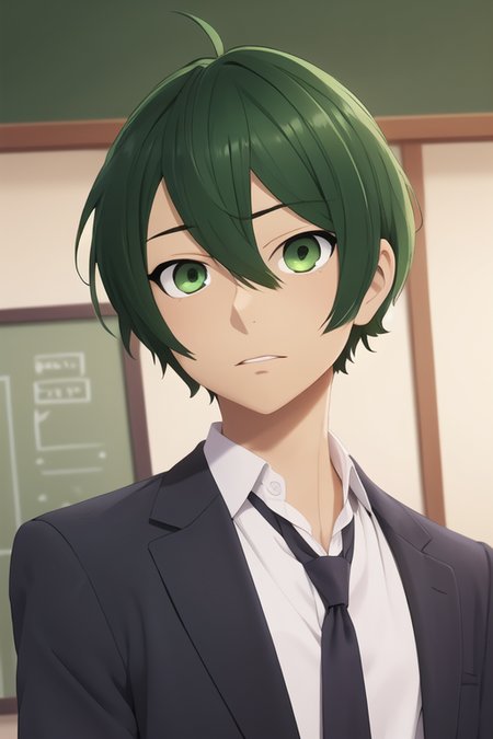 masterpiece, best quality, high quality, 1boy, solo, male focus, looking at viewer, upper body, <lora:shuu_iura:0.74>, shuu_iura, green hair, green eyes, hair between eyes, , school uniform
