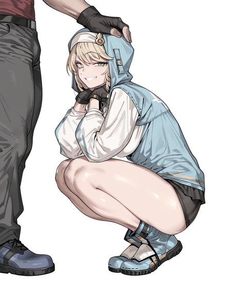<lora:urec:1> urec,
MATURE FEMALE, LARGE BREASTS, (masterpiece), (best quality), (ultra-detailed), amazing quality, very aesthetic, illustration, perfect composition, intricate details, absurdres, incredibly absurdres, shiny skin, realistic,
 urec, 1boy, gloves, male focus, fingerless gloves, otoko no ko, blonde hair, squatting, hood, smile, solo, looking at viewer, black gloves, green eyes, jacket, hooded jacket, hood up, long sleeves, grin, androgyne symbol, white background, habit, simple background, full body, blue footwear, shorts, medium hair, hoodie, black shorts, puffy long sleeves, bike shorts, from side, puffy sleeves, sensitive