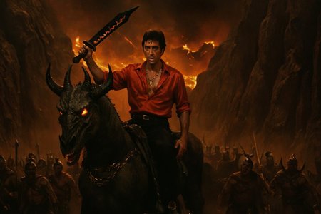 cinematic fantasy war still, tony montana wearing an open red silk shirt, gold chains, and black slacks from 1980s miami, sitting atop a horned demonic stallion with serpent eyes and armor of scorched bone, wielding a cursed obsidian machete lit with glowing runes, leading an army of fallen warriors through a canyon of screaming stone faces, overhead wide-angle shot, hellish dusk sky raining molten ash, mood of commanding infernal power, dramatic chiaroscuro lighting, rich palette of scarlet, molten orange, and shadowy bronze, inspired by scarface meets mordor with operatic framing and mythic intensity




































