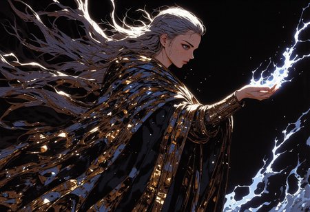 an oil painting of a young mage who is standing alone against a gloomy backdrop. She has silver hair and silver eyes. She is draped with an oversized cloak of dark flames embedded with stars. The stars are white and gold. Her face is in focus but shadowed by her cloak. The cloak is the only thing illuminating the scene, and it gets darker the further away it is. Her arms are outstretched as if casting a spell. Her fair skin contrasts softly against the glittering cloak, and her expression is introspective, with slightly parted lips adding a touch of sensuality. The cloak catches the ambient light, scattering it into a dazzling display of shimmering reflections, resembling a star-studded night sky. The dim, ambient lighting enhances the intimate, moody atmosphere, casting gentle shadows that sculpt the contours of her face and body, emphasizing her serene yet enigmatic presence. The composition blends softness and glamour, fusing intimate elegance with a hint of otherworldly magic.