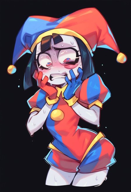 score_9, score_8_up, score_7_up, solo, 1girl, pomni, colored skin, sweat, scared, teeth, hands on own cheeks, holding own face, jester cap, striped clothes, puffy short sleeves, mismatched gloves, puffy shorts, black background, Gerph_style