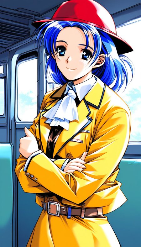 score_9, score_8_up, score_7_up, source_anime, rating_explicit, BREAK <lora:Nonomura_Misato_XL:1>Nonomura_Misato, blue hair, blue eyes, medium hair, medium breastsãbraid, 
bus guide, 1girl, solo, red hat, ascot, smile, Yellow jacket, 
1990s (style),  looking at viewer, v arms, skirt, long sleeves, shirt, belt, uniform,