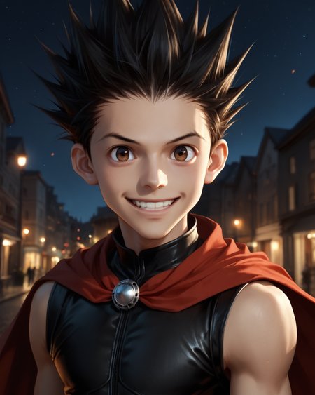 score_9, score_8_up, score_7_up, intricate details, rating_questionable,
<lora:homri52:1>
,
<lora:Gon_Freecss_Pony:0.8>, 1boy(gon, spiked hair, black hair, brown eyes, looking at the viewer, solo, happy, 
red cloak, sleeveless tight bodysuit), outdoors, at night, darkness
,
highres,
detailed background, depth of field, 
<lora:ral-chrosc-clr:0.5>, ral-chrosc-clr,
<lora:Expressive_H:0.5>, Expressiveh,
<lora:xl_more_art-full_v1:0.3>,
<lora:add-detail-xl:0.3>,
