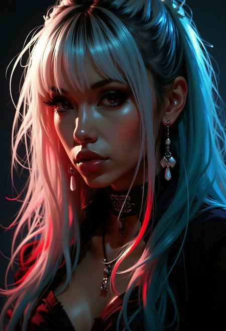 photorealistic portrait of stunning oriental goth woman, long multicoloured hair, platinum with blue and red, bangs, lips parted, seductive, sultry, lustful, choker, long earrings, sexy blouse, silhouetted, light hitting one side of face, the other side in darkness