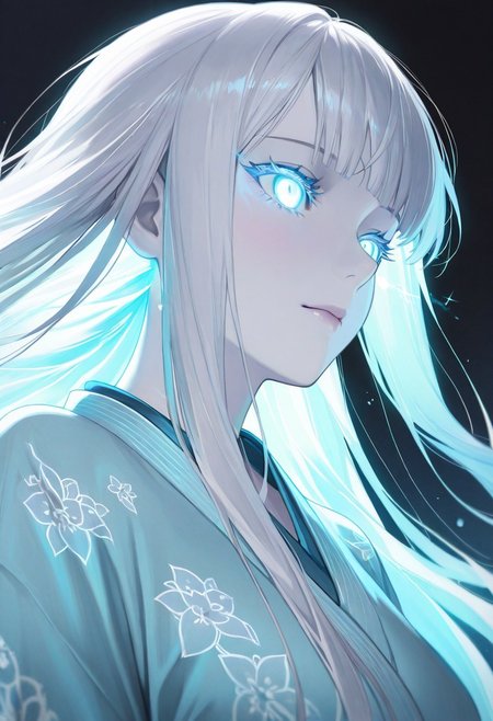 masterpiece, best quality, highly detailed, anime, 1girl, solo, close-up, serene anime girl with pale white skin,  colored skin, (white skin:1.3), very long hair, long hair, long glossy white hair with bangs, glowing blue eyes with a hypnotic sparkle, soft cinematic warm lighting casting gentle shadows, wearing a light blue kimono with subtle floral patterns, mysterious and cozy atmosphere, detailed hair texture with sharp lines, vibrant colors, dark background, highres, focus on glowing eyes, intricate details, --ar 9:16, --v 5, --q 2, negative prompt: low quality, blurry, distorted, extra limbs