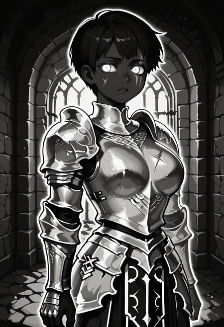 1girl, solo, DARCEIL,1girl,short hair,large breasts, armor,grey eyes,scar,shoulder armor,gauntlets,scar on face,pauldrons,breastplate,faulds,plate armor,boobplate,
dungeon, turning head, stone wall,
BHDR, white eyes, glowing eyes, outline, monochrome, greyscale, black skin, best quality, very aesthetic, masterpiece,
