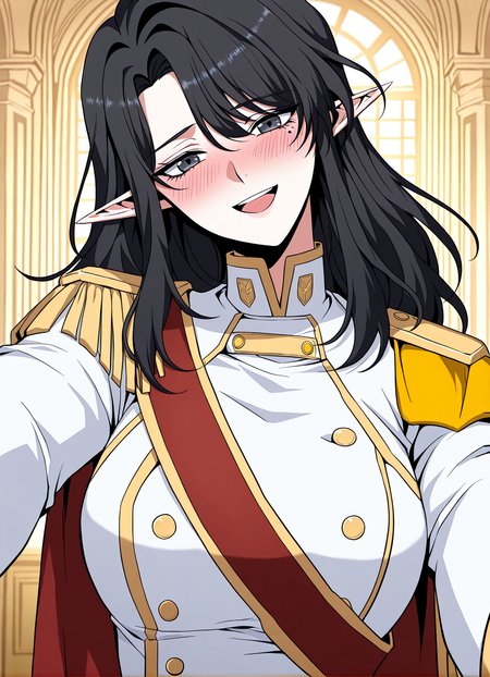 <lora:Aya_Grephin__The_Beginning_After_the_End__Illustrious:1>
1 girl, solo, female elf, medium length black hair, pointed ears, mole under left eye, black eyes, 
white military uniform with gold trim, gold shoulder pads, red sash, high collar, double-breasted buttons, golden epaulettes, detailed uniform folds, manhwa style
score_9, score_8_up, score_7_up, score_6_up, source_anime, rating_explicit, 1girl, solo, smile, embarrassed, alcalose eyes, open mouth, mansion, indoors, looking at viewer, outstretched arms, pov, close-up, (head tilt:1.2)