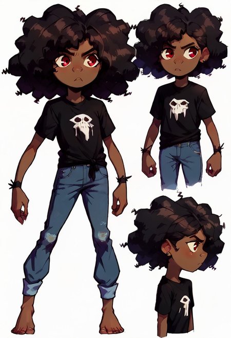 score_9, score_8_up, score_7_up, 1girl, solo, cartoon,
easynegative, conceptart, multiple views, full body, profile pictures, white background, simple background,  , simple background, 
brown skin, red eyes,  curly black hair, massive afro, short female,cuffed grey jeans, black T-shirt, blue wolf-skin hood, two pieces black fabric tied around wrists,<lora:Wolf_AoW:1>, five fingers, perfect anatomy, flat chest, child