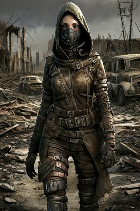 (masterpiece:1.2), (best quality,:1.2), 8k, HDR, ultra detailed, ((photorealistic)), professional light, cinematic lighting, fashion photography, ambient lighting, atmospheric effects, <lora:detail_slider_v4:3>, a beautiful woman, wild red hair, dark makeup,  as a female Wasteland survivor, mask, hood, long leather coat, boots, leather pants, belt, exploring the ruins of a destroyed city, <lora:Wasteland:0.66>,  WasteAr, <lora:WastelandArmor:0.7>, style of Mad Max, style of Fallout, <lora:zoom_slider_v1:3>, epiCPhoto