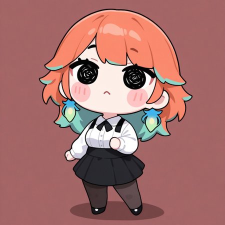 (1girl, masterpiece, perfect quality, best quality, absolutely eye-catching, absurdres), highres, newest, takanashi kiara, chibi, full body, blush stickers, black eyes