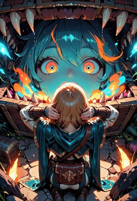 (masterpiece), (best quality), 8k, 1girl, fantasy adventurer girl, Surprised, open mouth, cute treasure chest, cute Mimic, hands behind head, Cute Mimic chest, Kneeling down, opening chest, whimsical dungeon interior, glowing magical torches, scattered loot around, soft warm lighting, stylized fantasy armor, leather satchel, short cloak, colorful atmosphere, playful fantasy mood, cinematic lighting, semi-realistic style, detailed environment, magical sparkles in the air,
Close up, From behind, from above,