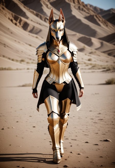 The armored Queen of jackals, female jackal, 18 years old, fur armor with diamond filigree, zoomed out:.10, raw, masterpiece, extremely detailed photo, extreme ultra best picture, extreme ultra intricate creative detail, extreme hyper realistic detail, extreme ultra hyper photo realism, extreme ultra-hyper immersive visuals, extreme 3D realistic, ultra 4080p, HD, VFX, SFX, FKAA, TXAA, RTX, SSAO, full portrait,
