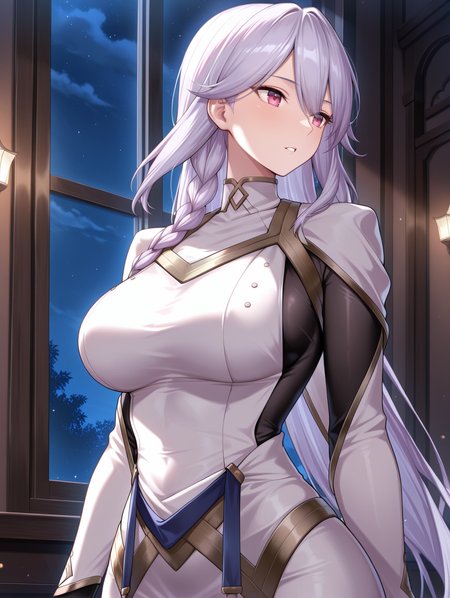 dogmatika fleurdelis, 1girl, solo, white dress, large breasts, indoors, cowboy shot, parted lips, standing, white capelet, black bodystocking, looking to the side,window, night, light
masterpiece,best quality,amazing quality,very aesthetic,absurdres,newest,<lora:Dogmatika Fleurdelis & Ecclesia the Virtuous illuXL v1:0.75>,