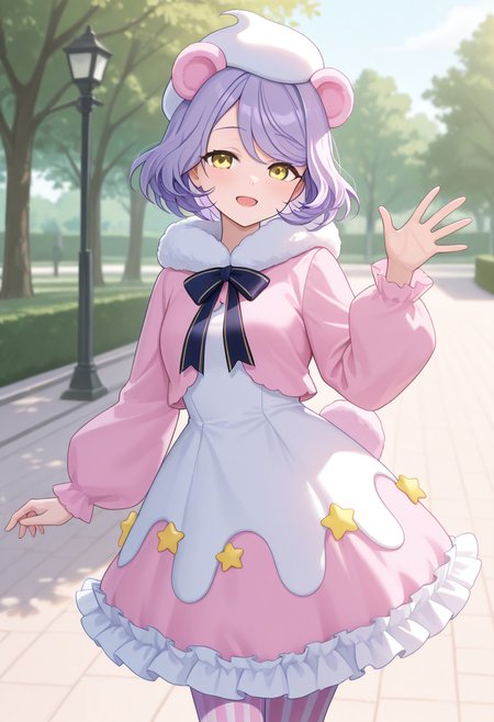 1girl,solo,<lora:creamteddyil:0.9>,creamteddy_(show_by_rock!!),white hat,purple hair,short hair,yellow eyes,pink animal ears,bear ears,pink tail,dress,white dress,pink dress,multicolored dress,frilled dress,long sleeves,puffy sleeves,bow,fur trim,striped pantyhose,star_(symbol),looking_at_viewer,cowboy_shot,smile,waving,open mouth,day,park,masterpiece,best quality,good quality,newest,incredibly absurdres,