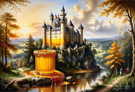Painting by Turner and Constable of beautiful detailed realistic castle that is made with honey made of dvr-honey  in the background realistic forest