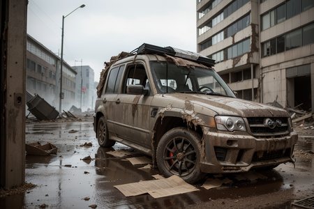 masterpiece, absurdres, high quality, realistic, muddy colors, vintage photograph,
abandoned city, crumbling buildings, broken glass, broken doors, car parts, broken vehicles, natural disaster, mud,
1boy, homeless, ripped clothing, shirt, pants, beard, perfect face,
20 megapixel, detailed, movie grain