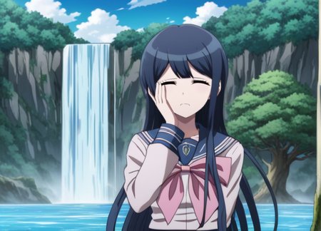 <lora:Sayaka_Maizono_SDXL:1>, This anime screencap is from Danganronpa the Animation. Sayaka Maizono wearing her uniform from Danganronpa 1. She has long, dark blue hair flowing past her waist, the hair framing her face cut shorter at elbow-length, with bangs swept to the right. Two thin hairclips can be found pinned on her bangs to her right, another pinned on the left side of her face. Her eyes are round and dark blue. Sayaka wears a light pink ribbon tied in a bow at her collar and a short pleated blue plaid skirt. Sayaka's legwear consists of navy thigh-high socks, the edges striped with a white line. Sayaka's shoes are dark brown Mary Janes with silver buckles. Sayaka's school crest is printed in gold on her collar flap and her left sleeve. Sayaka Maizono is enacting a facepalm . Chiaki's expression is sad expression . Sayaka Maizono is interacting with  a person in the waterfalls of a magical fae wild forest city surrounded by cliffs and waterfalls with multicolor trees, massive tree in the center and huge castle