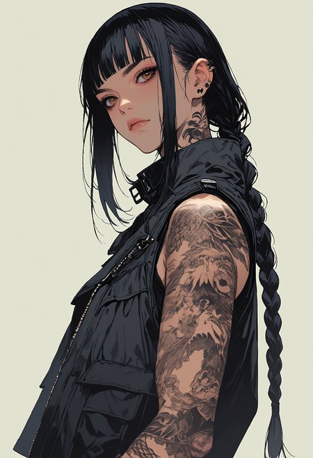score_9, score_8_up, score_7_up,source_anime,1girl,solo,black hair,long hair,braided ponytail,blunt bangs,brown eyes,perfecteyes,eyebrows,hair behind ear,high neck sleeveles jacket,tattoos,pants,from the side,dark background,sinozick,flat colors,cowboy body shot