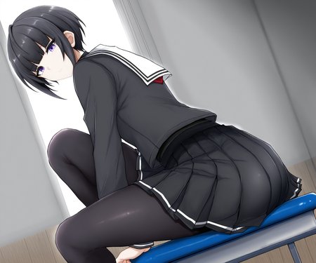 masterpiece, best quality, amazing quality, sfw, 1girl, solo, looking at viewer, shirayuki chiyo, white sailor collar, black shirt,  long sleeves, pleated skirt, sitting on object, 
 <lora:Poshi style ILL-v2:1> poshi_style