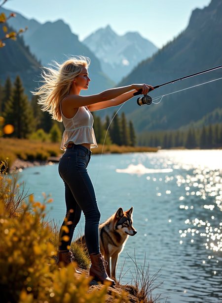 Photograph of a young woman standing on the edge of a cliff overlooking a lake. She is wearing a white tank top, blue jeans, and brown boots. She has blonde hair that is blowing in the wind and is holding a fishing rod in her right hand. A husky dog is standing next to her, looking up at her. The lake is calm and there are mountains in the background. The sky is blue and the sun is setting, casting a warm glow over the scene. The overall mood of the image is peaceful and serene. <lora:add-detail-xl:.5>  <lora:Flux-style-xl-lora:.5>