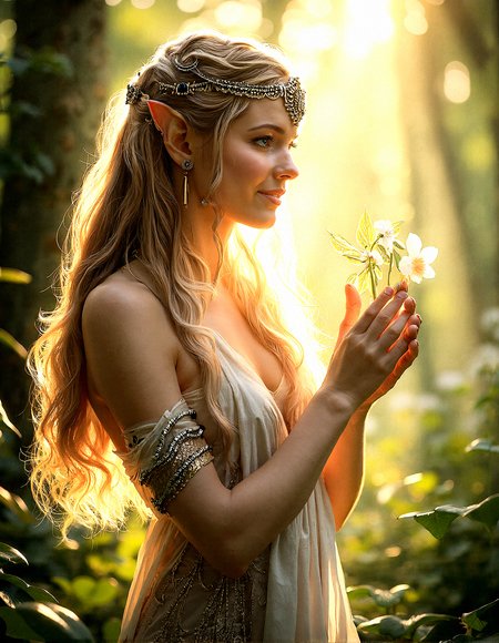 Extreme photorealistic depiction of a Serene young elven princess under soft sunlight, A graceful, fantasy character with intricate attire,intricate elven tiara, beautiful elven pointy ears, and very smooth skin standing peacefully in a sun-dappled forest, filled with beautiful plant,Standing with her hands gently clasped behind her back.A soft, appreciative gaze, looking at something off-camera.
