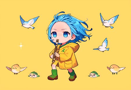 score_9, score_8_up, score_7_up, source_anime, 
solo, 1girl, 
<lora:luce-PD-1.0:0.8>, luce, blue eyes, sky blue hair, yellow coat, strong winds, 
<lora:concept_kyoufuuallback_ponyXL:1>
kyoufuuallback, full body, holding flute,  simple background, yellow background, 
a few crows and pigeons,