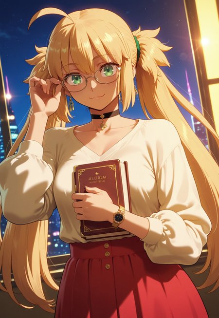 (masterpiece), (best quality), amazing quality, absurdres, (very aesthetic), light particles, scenery, ultra detailed, core_9,score_8_up,score_7_up, BREAK
1girl, solo, artoria caster \(fate\), fate \(series\), green eyes, hair between eyes, blonde hair, long hair, twintails, ahoge, small breasts, jewelry, earrings, glasses, skirt, breasts, choker, red skirt, book, looking at viewer, long sleeves, shirt, collarbone, white shirt, smile, :3, watch, contemporary, window, holding book, wristwatch, indoors, holding, adjusting eyewear, sky, night, night sky, warm light, volumetric lighting, (light particles), [light particles], ambient atmosphere, (a detailed background),  (backlighting), dynamic lighting, dynamic angle, sharp focus, distortion-free, illustration, BREAK
masterpiece,best quality,amazing quality, absurdres, intricate eyes, (detailed eyes), EyesHD, beautiful eyes, perfect eyes, year2024, year2023, ultra high resolution, 8K, UHD, HD, high contrast, (by nyantcha:0.5), (by takeuchi takashi), (by edjim:0.5), (by ratatatat74:0.5), (by niceufotable), (Afrobull:0.5), LDSCH Style, aesthetic, Illust_Synth, oyxehs
